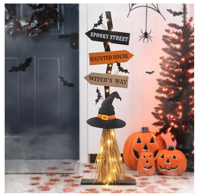 Glitzhome 42 in. H Lighted Wooden Witch's Broom Porch Decor