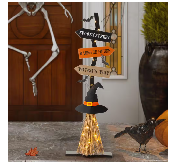 Glitzhome 42 in. H Lighted Wooden Witch's Broom Porch Decor