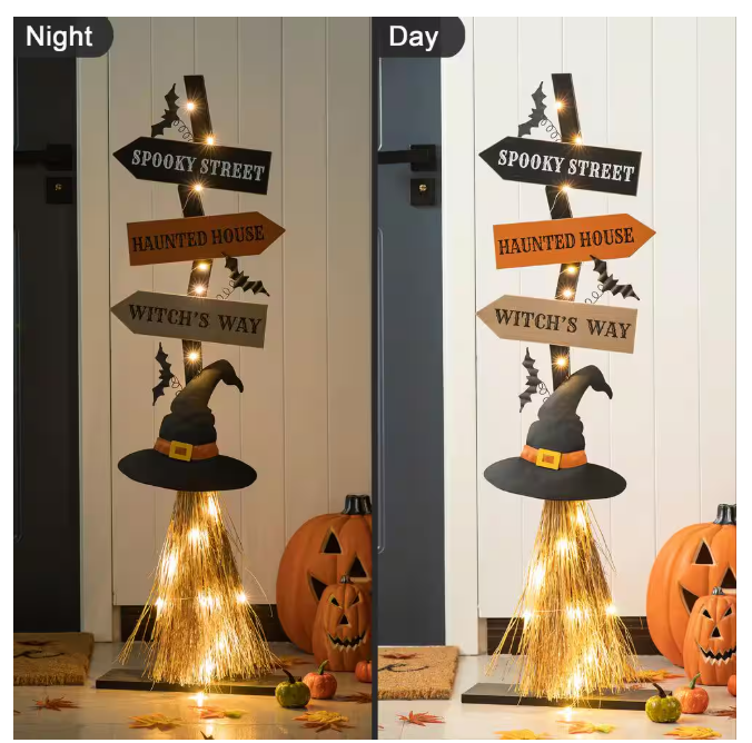Glitzhome 42 in. H Lighted Wooden Witch's Broom Porch Decor