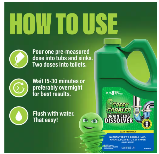 Green Gobbler Drain Clog Dissolver and Remover, for Sinks, Tubs, Toilets and Showers 128 oz.