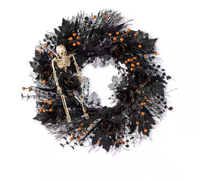 Glitzhome 24 in. D Black Rose, Skeleton and Berry Halloween Wreath Includes a Complimentary Black Metal Wreath Hanger
