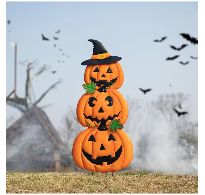 39.75 in. H Halloween Lighted Metal Stacked Jack-O-Lantern Yard Stake or Hanging Decor