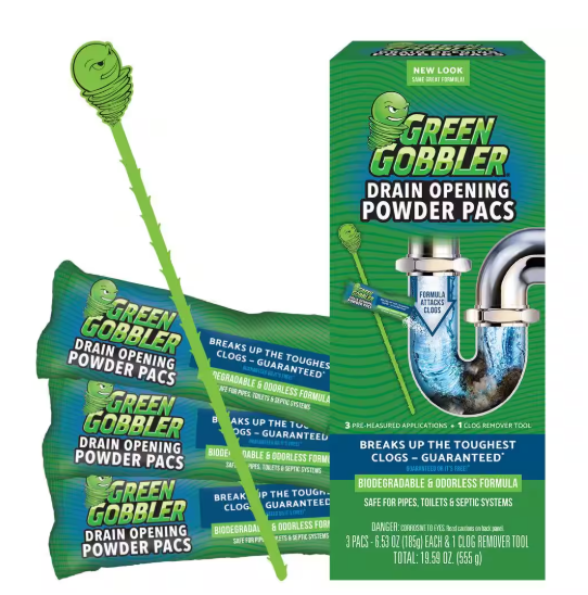 Green Gobbler Drain and Toilet Clog Opening Packs with Tool (3-Count) size 6.53 oz.