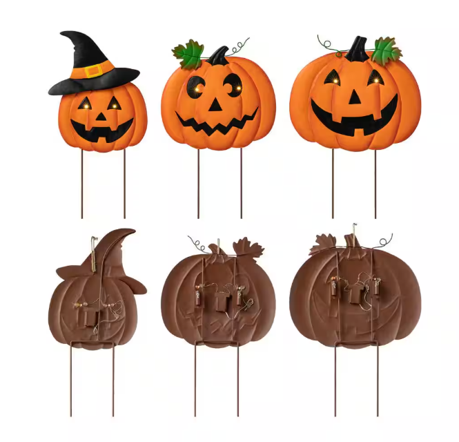 39.75 in. H Halloween Lighted Metal Stacked Jack-O-Lantern Yard Stake or Hanging Decor