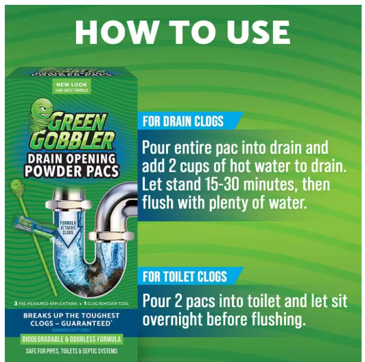 Green Gobbler Drain and Toilet Clog Opening Packs with Tool (3-Count) size 6.53 oz.