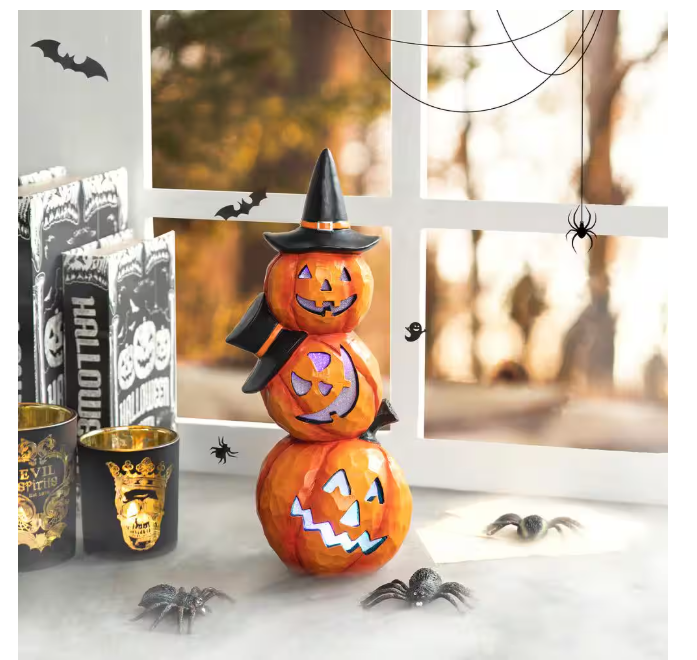Halloween Lighted Stacked Resin Pumpkin Table Decor Glitzhome 14.25 in.