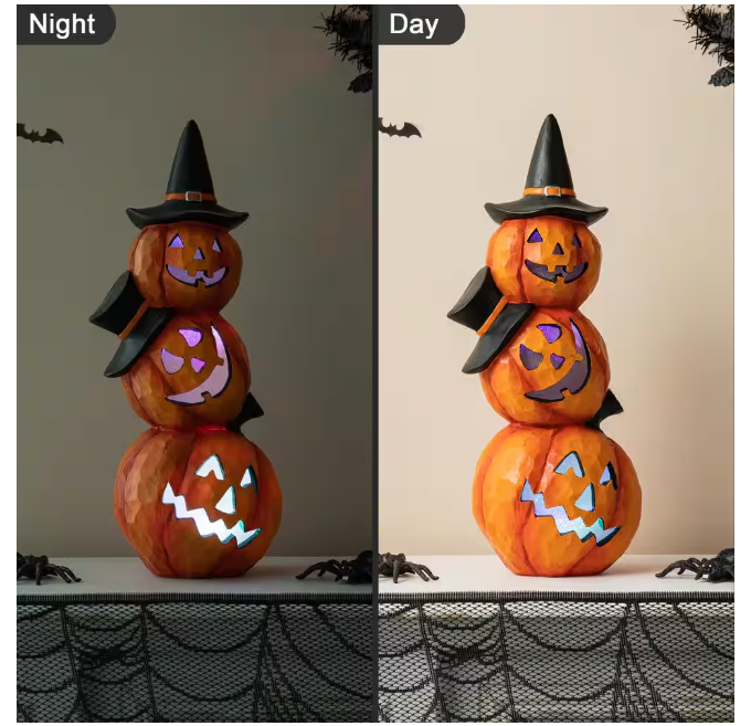 Halloween Lighted Stacked Resin Pumpkin Table Decor Glitzhome 14.25 in.