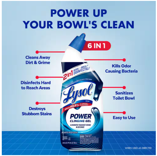 Lysol Power Toilet Bowl Cleaner Gel, For Cleaning, Disinfecting and Stain Removal, 24oz (6-Pack)