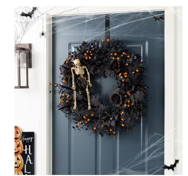 Glitzhome 24 in. D Black Rose, Skeleton and Berry Halloween Wreath Includes a Complimentary Black Metal Wreath Hanger