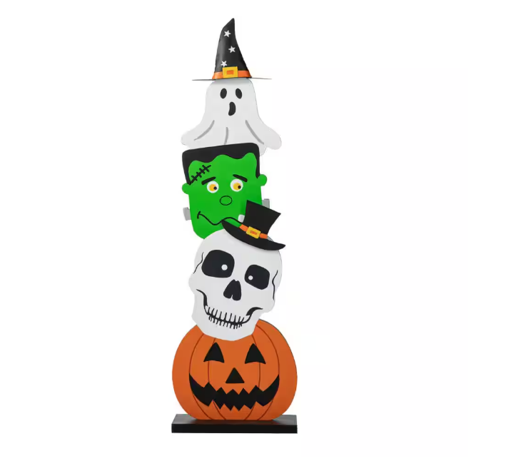 36 in. H Halloween Wooden Stacked Ghost and Frankenstein and Skull and Pumpkin Porch Decor
