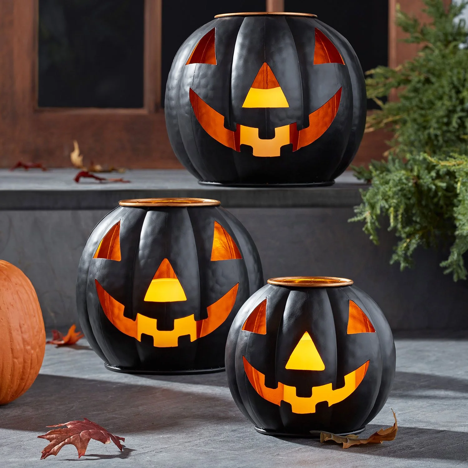 Pre-Lit Black Metal Jack-O-Lantern, Set of 3