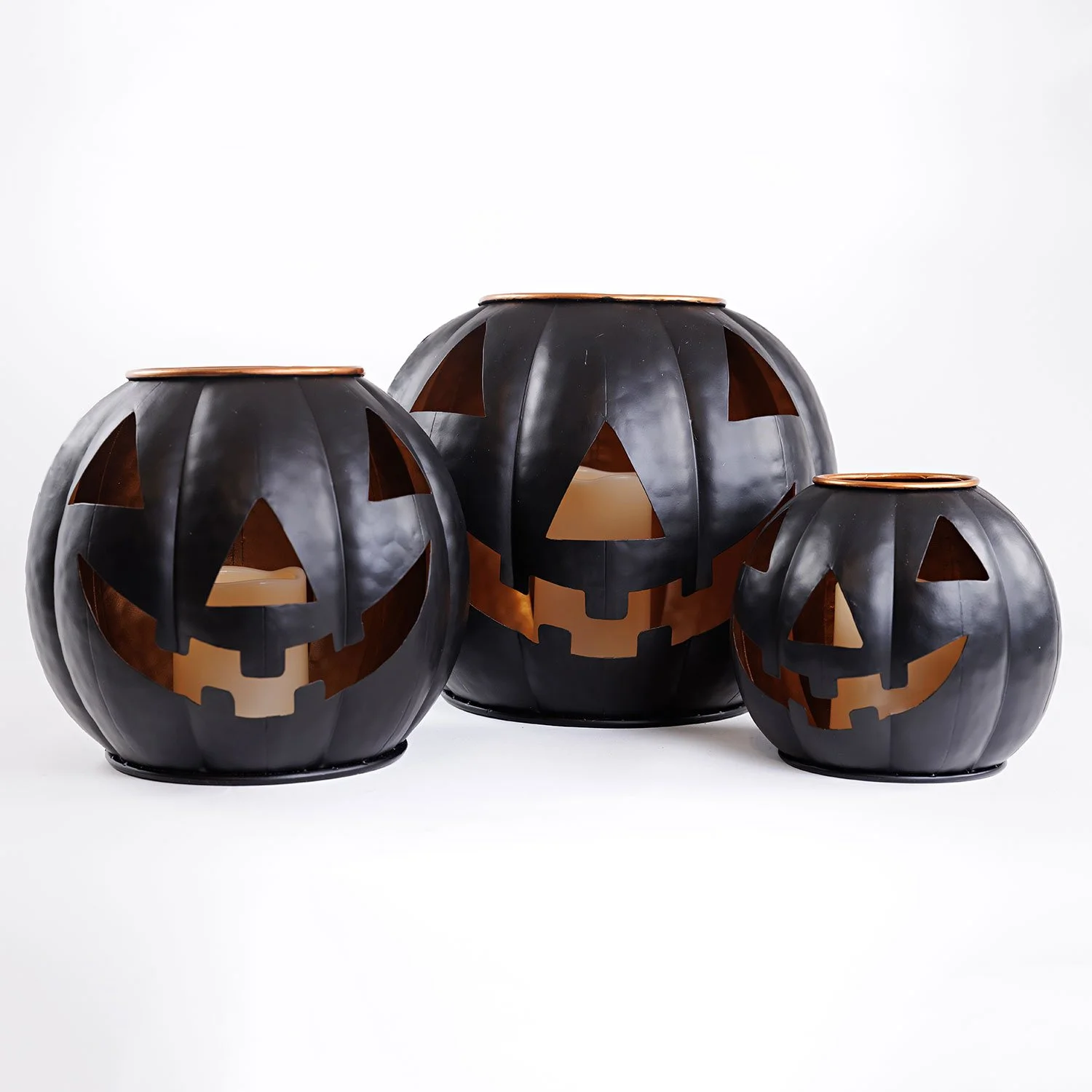 Pre-Lit Black Metal Jack-O-Lantern, Set of 3