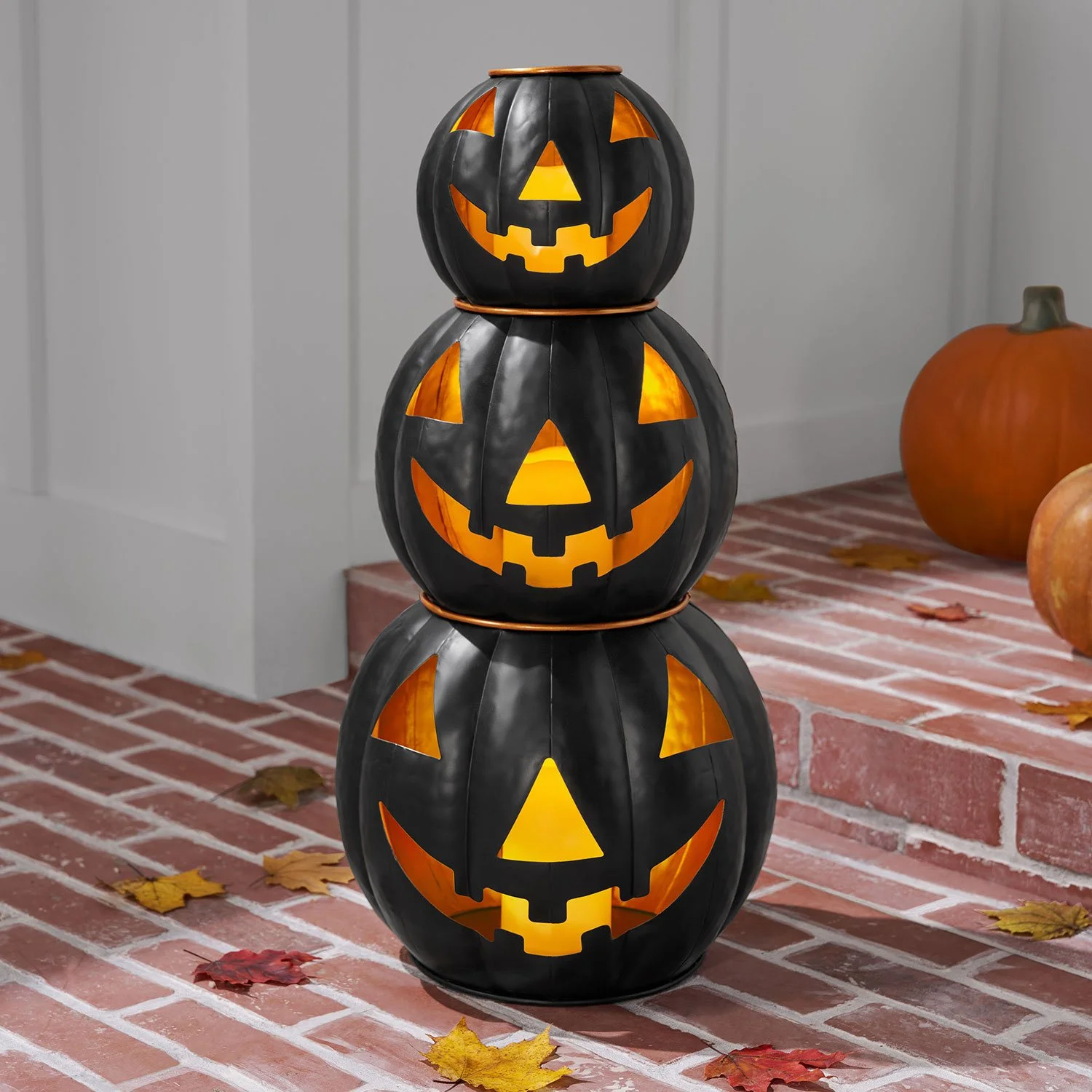 Pre-Lit Black Metal Jack-O-Lantern, Set of 3