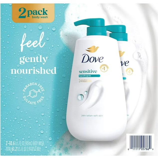 Dove Sensitive Skin Body Wash – Gentle, Hypoallergenic & Moisturizing Formula with Pump, Soothes & Protects Delicate Skin, 30.6 fl. oz., 2-Pack | Wizo
