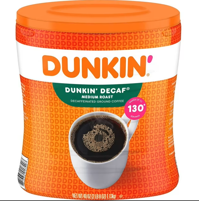 Dunkin' Donuts Decaffeinated Ground Coffee Medium Roast – Smooth Balanced Flavor, Signature Café Taste Without Caffeine, Large Value Canister, 40 oz. | Wizo